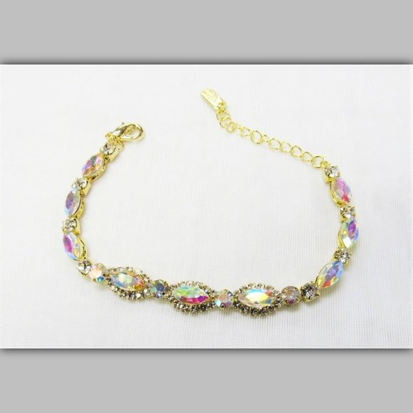Gold Sparkle Iridescent & Clear Rhinestone Crystal Bracelet Bridal Party Wedding - Picture 1 of 3